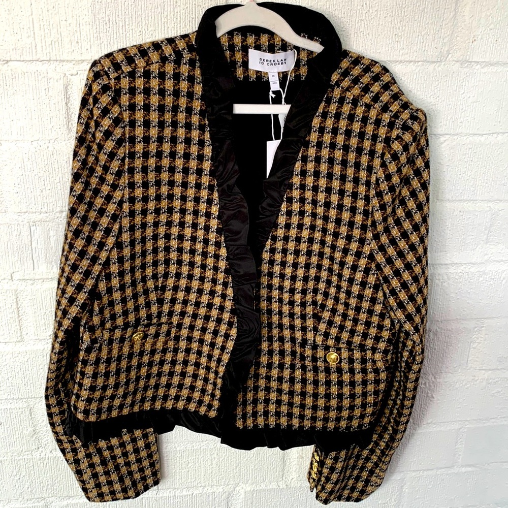 10 Crosby Derek Lam Tweed Checkered Black & Gold Ruffle Blazer size 16 - Picture 5 of 13
